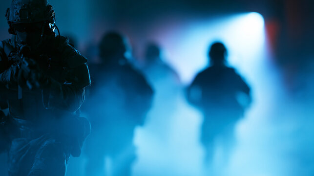 Group of soldiers running through a blue-toned haze, dramatic colored smoke atmosphere, tactical action scene, with copy space