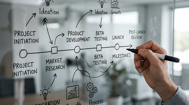 Business professional drawing a project development roadmap on a glass wall in an office.