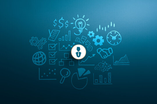 Business Leadership and Management Concept, Businessman icon on Wooden cube with Sketched Business icons