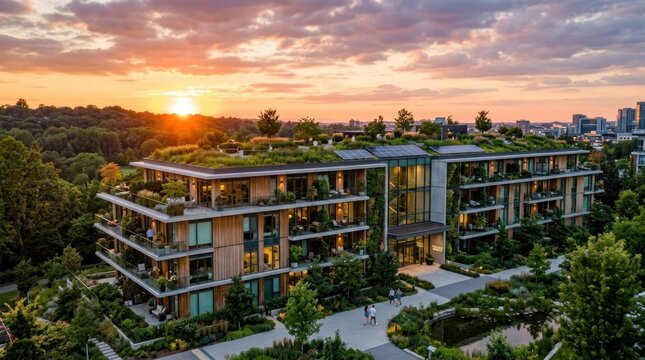 A modern, eco-friendly apartment building with green roofs and lush landscaping, set against a stunning sunset, with a clear blue sky and a city skyline in the background.
