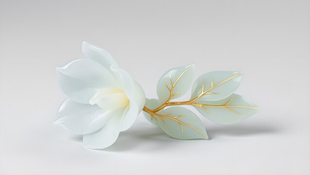Carved Ice Jadeite Flower and Leaves with Gold Inlay Isolated on Light Gray Background