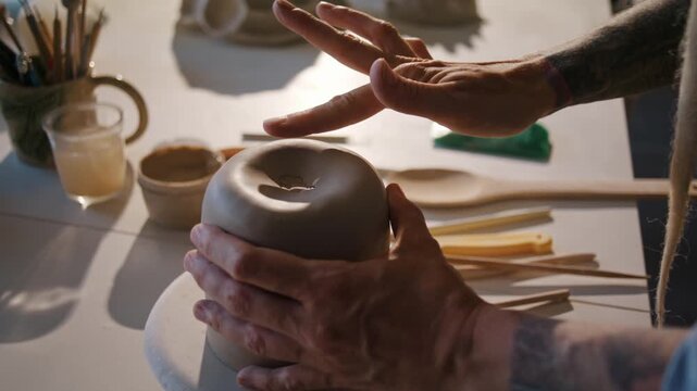 Potter shapes soft clay vessel opening with fingertip by hand