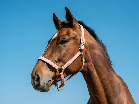 Close-up portrait of a brown horse wearing a bridle against a clear blue sky background