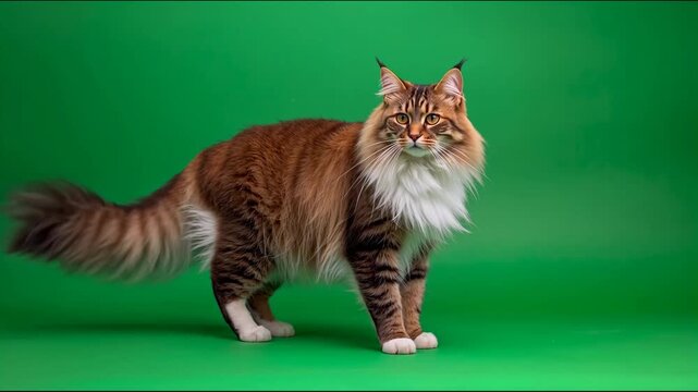 Striped brown maine coon cat standing isolated on green background 4K video for video editing