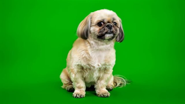 Cute shih tzu dog sitting on green chroma key background 4K video for video editing