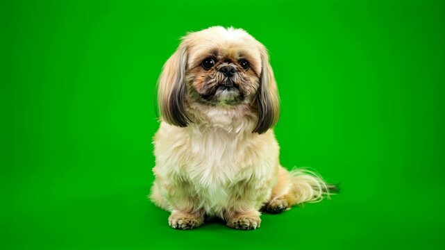 Shih tzu dog closing eyes while sitting on green background 4K video for video editing