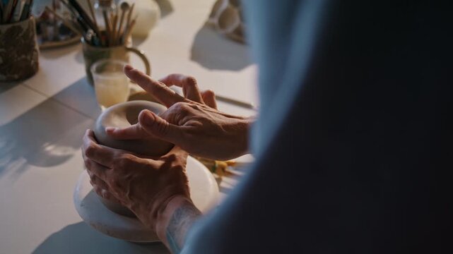 Potter shapes clay vessel blank opening with careful fingertips