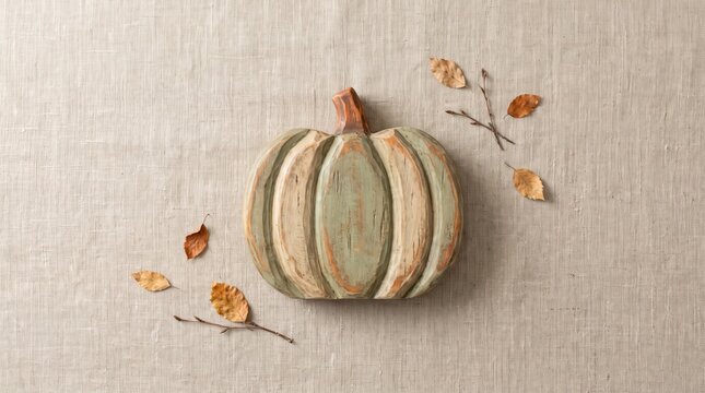 Halloween autumn decorative wooden pumpkin with leaves on beige background