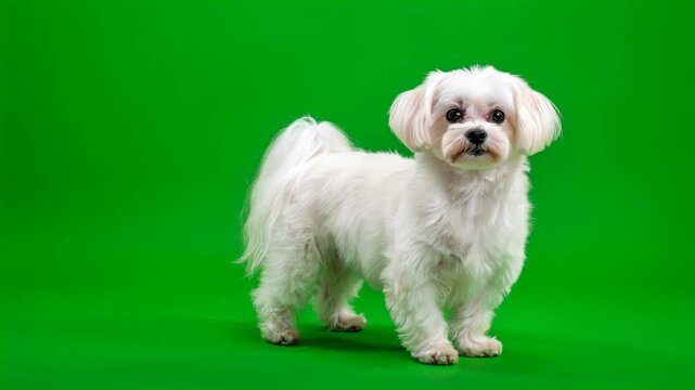 Small white maltese dog standing isolated on green background 4K video for video editing