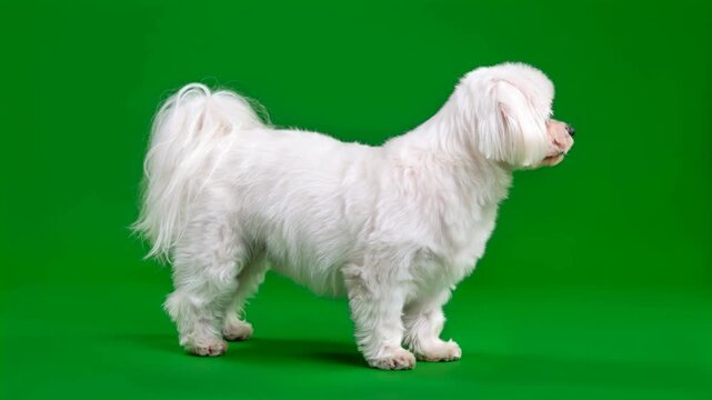 Cute white maltese dog standing isolated on green background 4K video for video editing