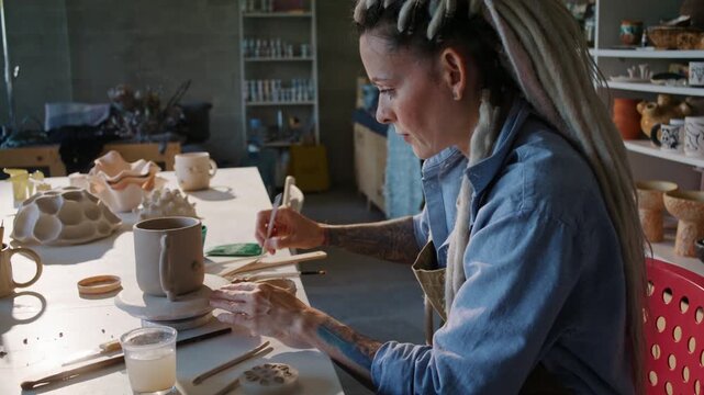 Potter with dreadlocks decorates handmade ceramic mug with tool