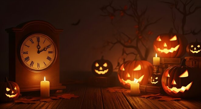 Spooky Halloween Night Scene with Glowing Jack-o-Lantern Pumpkins, Candles, and an Antique Clock Showing Midnight