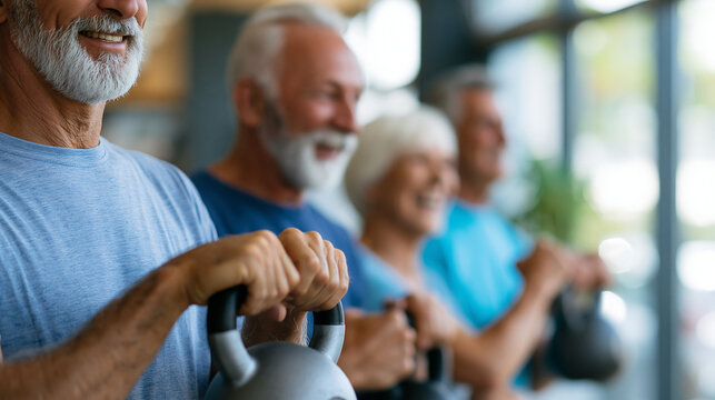 Group of men over sixty doing kettlebell swings in a sunlit community center, genuine laughter between reps, faceless instructor demonstrating form with visible enthusiasm, active