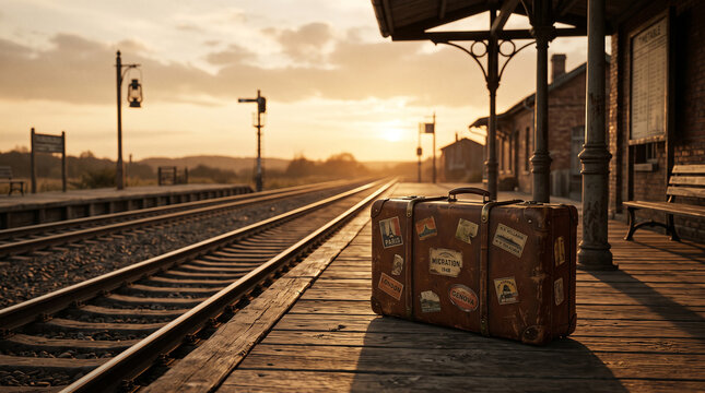 Vintage leather suitcase resting upon quiet railway platform during golden hour sunset scenic train departure with suitcase adorned travel travel stickers sitting