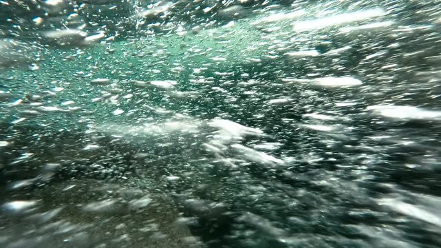 Underwater View of Bubbles and Clear River Current in Tropical Ecuador, Freshwater Rapids, Aquatic Texture and Rainforest Stream Background