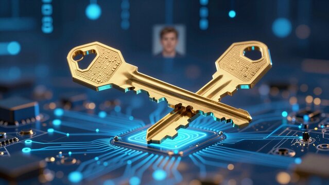 Golden quantum encryption keys rest on glowing circuitry, symbolizing next-generation cybersecurity and digital privacy in a futuristic tech environment.