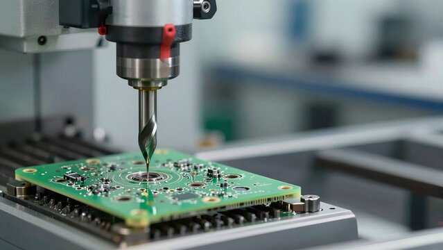 A CNC drill precisely creates holes on a green printed circuit board during manufacturing process.