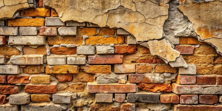 A Weathered Brick Wall with Deteriorated Plaster Showing Aged Brickwork and Mortar
