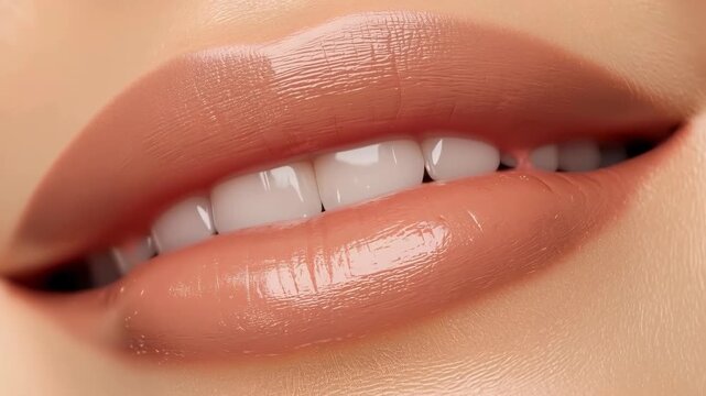 Soft nude lip closeup with glossy mouth, smooth skin, and feminine beauty detail