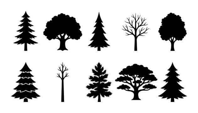 Diverse Tree Silhouettes Collection, 10 Vector Icons for Nature and Forest Graphics, Evergreen and Deciduous Styles