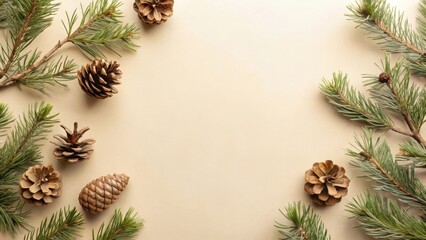 Fototapeta premium Elegant Festive Frame of Pine Branches and Cones on a Neutral Background