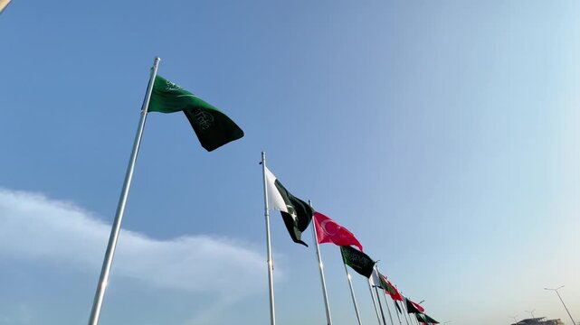 Saudi Arabia Turkey Pakistan Flags Waving on Flagpoles, International Relations, Economic Cooperation and Trade Partnership