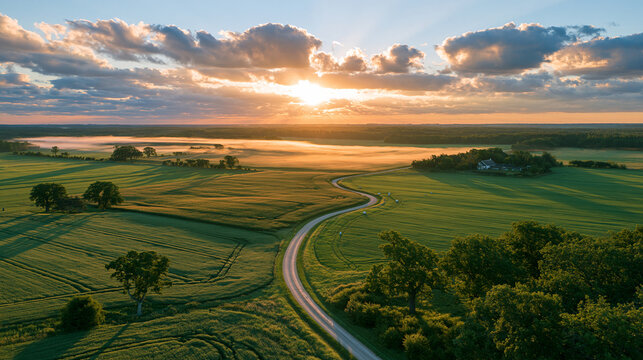 photorealistic aerial drone photography, a winding gravel road cutting through patchwork European farmland fields, morning mist lightly hovering over the landscape, crisp texture c