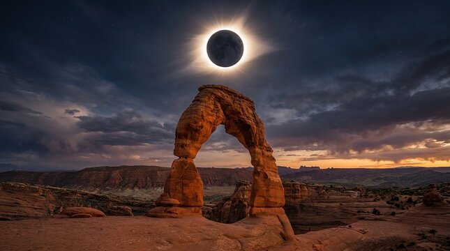 Stunning solar eclipse over Delicate Arch in Arches National Park Utah.