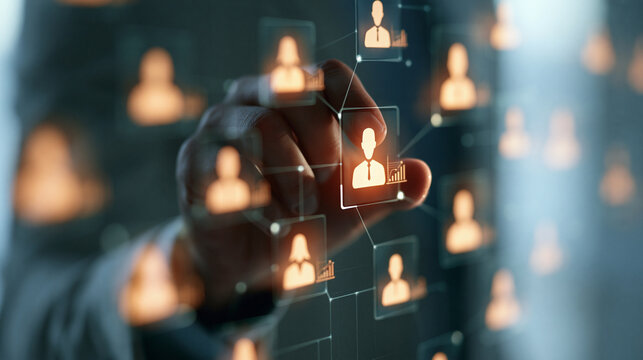 People icons arranged in a connected grid with small graphs beside them while a cropped hand in a light sleeve touches one node, face outside the frame, bright clean surroundings,