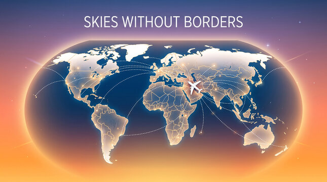 Global aviation network concept featuring stylized world map with connecting flight routes with vibrant gradient background paths central airplane set with icon set