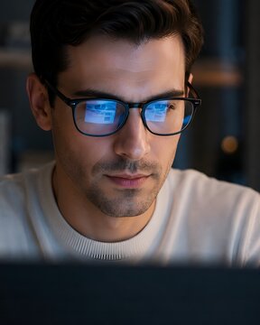 Close-up portrait of a focused young professional wearing stylish computer glasses while working at a monitor