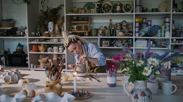 Female potter decorates handmade mug with clay details in studio