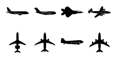 Diverse Aircraft Silhouettes Collection, Commercial Jets and Fighter Planes, Aviation Icons Set, Vector Graphics for Travel and Aerospace Themes © Orpa