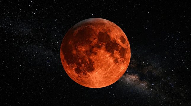 A stunning blood moon glowing against a dark starry night sky.