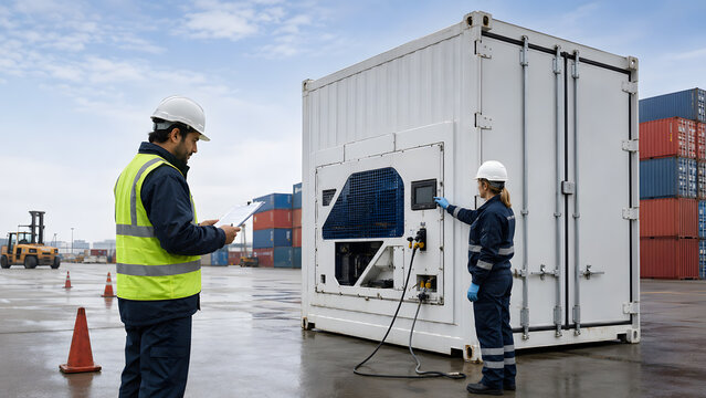 Inspectors checking reefer shipping container. Perfect visual for international trade logistics, cold chain transport, and global freight inspection marketing.