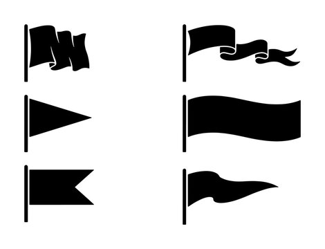 Black Flag Icons, Banners and Pennants Vector Set. Graphic Elements for Design. Simple Shapes, Isolated on White Background.