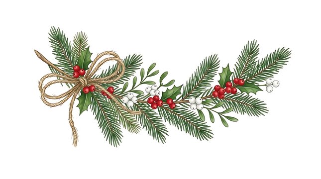 Christmas festive garland with pine branches, holly berries, mistletoe and rustic twine bow isolated on white background