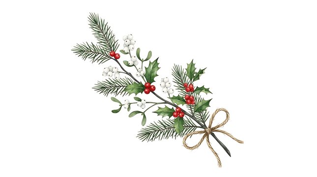 Watercolor christmas branch with mistletoe, holly berries and pine needles isolated on white background