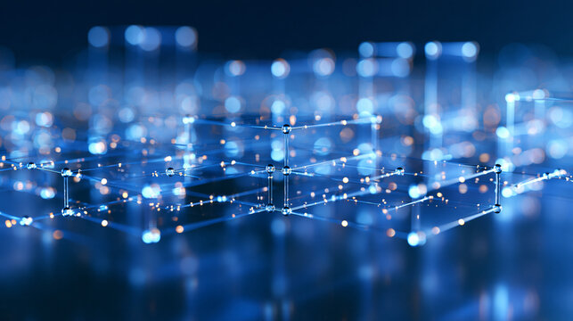 abstract technology visualization, multiple translucent layered planes of glowing interconnected nodes and branching pathways floating above a bright clean field, crisp junction po