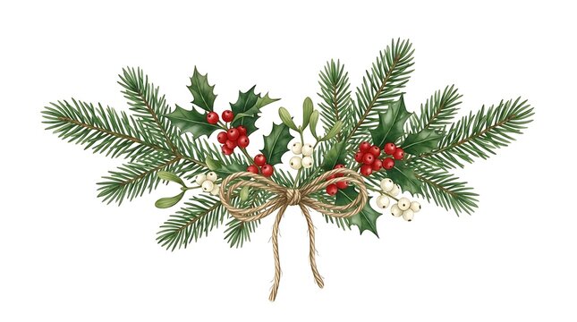 Christmas festive floral arrangement with pine branches, holly berries, mistletoe and twine bow isolated on white background