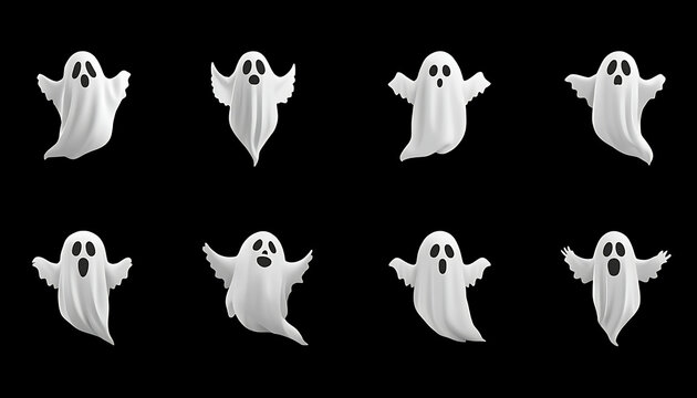 Set of various flying white ghost icons for halloween decorations and spooky digital designs with halloween, isolated