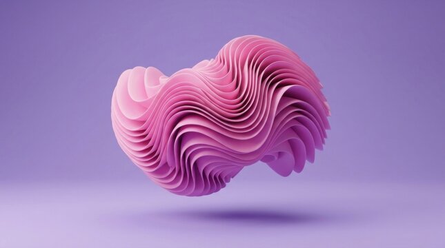 A pink, abstract, wavy, geometric shape floating in the air against a purple background.