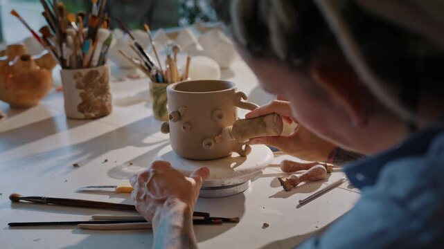 Potter adds protruding clay details to handmade ceramic mug