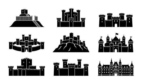 Medieval Castle Icons Set, Fortress and Stronghold Vector Graphics, Royal Architecture Silhouettes for Fantasy and History Projects