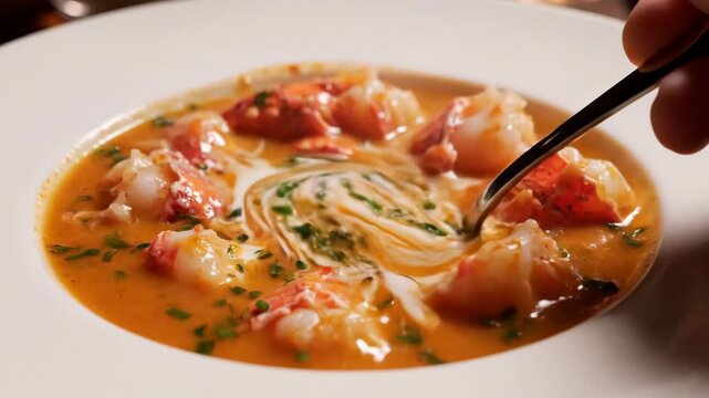 Close-up view of a bowl of creamy lobster bisque soup, featuring chunks of lobster meat and a swirl of cream.