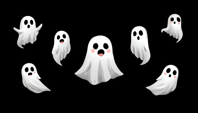 Group of cute little white ghosts with surprised and happy expressions on black background surprised halloween