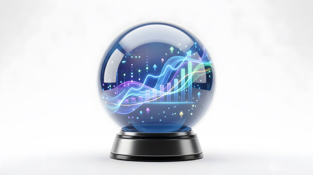 Crystal ball showing financial market trends economic forecasting and stock market growth analytics concept