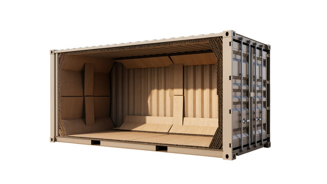 Isolated freight container with corrugated cardboard insulation and cutaway view, 3D rendering.