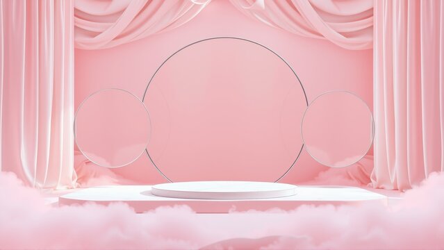 Soft pink stage setup. Circular elements, flowing drapes, clouds create dreamy presentation space. Minimalist design.