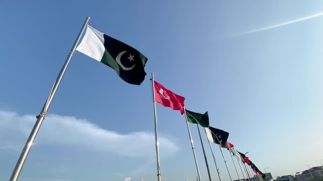 Pakistan Turkey Saudi Arabia National Flags on Flagpoles, International Relations, Trade and Economic Partnership Concept